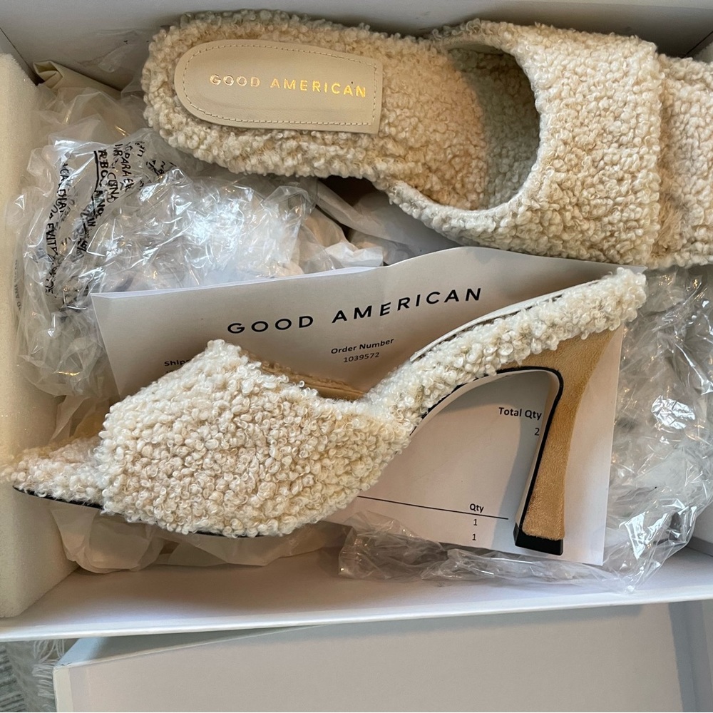 Shearling Sherpa suede Good American brand mules heels *BRAND NEW NEVER WORN